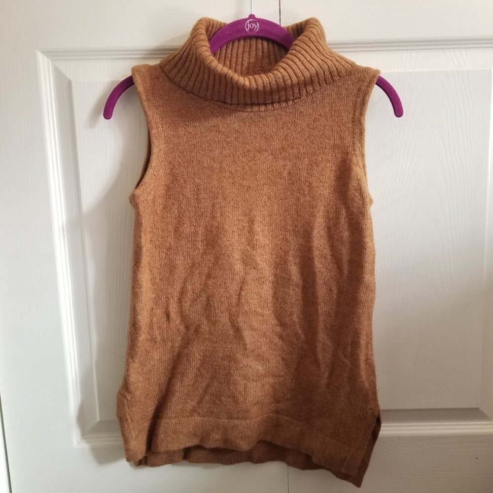 J.Crew Women's Sweater Vest X-Small Tan Brown Turtleneck Wool Blend Sleeveless